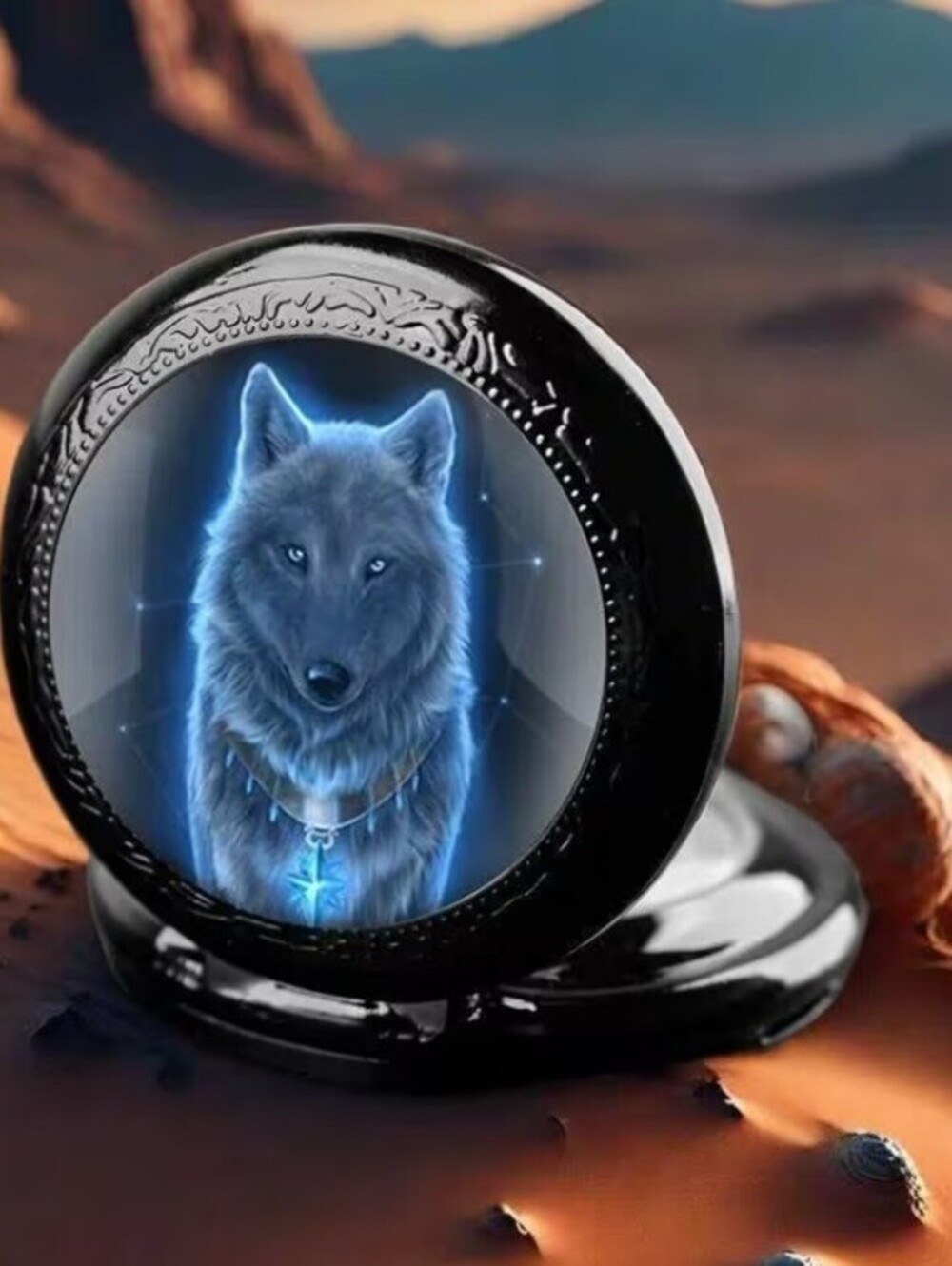 Black Wolf Pocket Watch with Chain and Quartz Movement - Picture 3 of 6